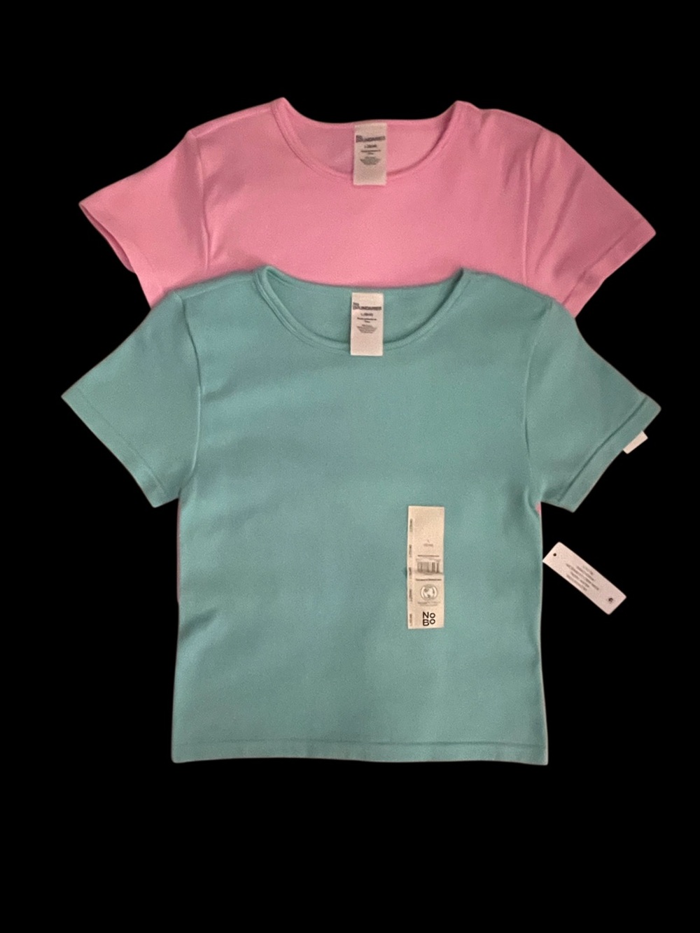 No Boundaries Women- Girls' Short Sleeve Rib Tee - Pink & Aqua, L 12-14